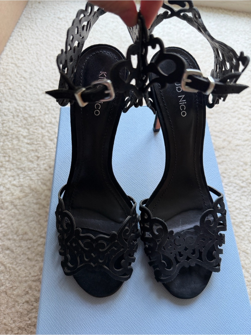 Klub Nico Black Laser-Cut Peep Toe Ankle Strap Heel